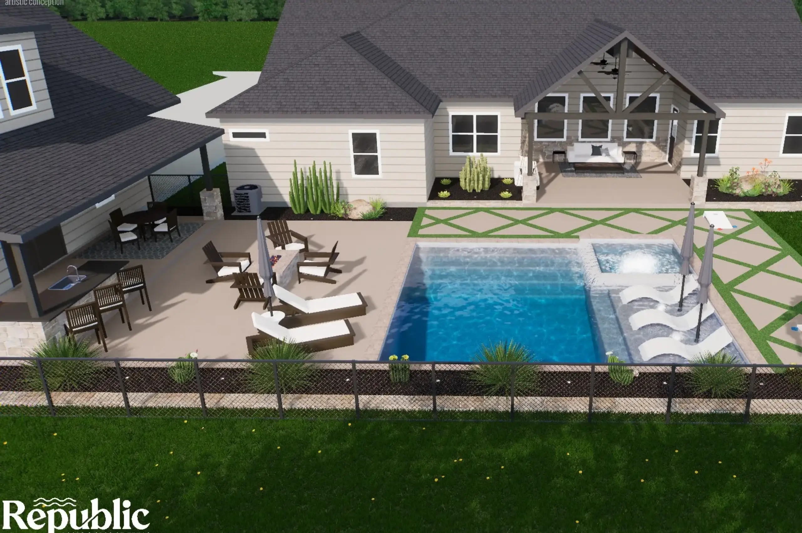 Aerial view of a modern backyard featuring a pool, spa, lounge chairs, outdoor seating area, and landscaped greenery